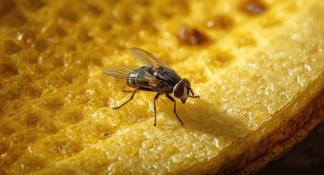 Fruit fly captured on banana peel with detailed skin texture