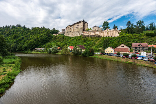 Sazava river with Cesky Sternberk castle above in Czech republic