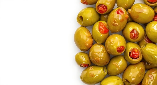 Green olives stuffed with pimento presented in isolated white background focusing on smooth surface