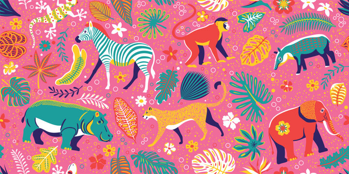 Handmade drawing seamless pattern with African animals: hippopotamus, elephant, zebra, tapir, macaque, gecko, leopard and tropical leaves and flowers. For creating wallpapers, packaging, fashion.