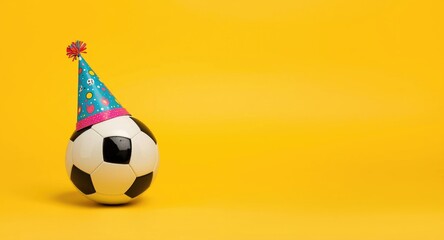 Naklejka premium Festive soccer ball with birthday hat on bright yellow backdrop for child birthday party with copy space