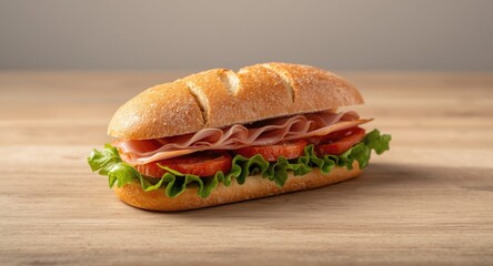 Delicious bread sandwich with ham lettuce dried tomato placed on table and copy space for meals