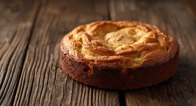 Fresh apple and almond cake on rough textured wooden surface with focused clarity