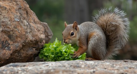 Curious squirrel eating lettuce beside a large rock formation