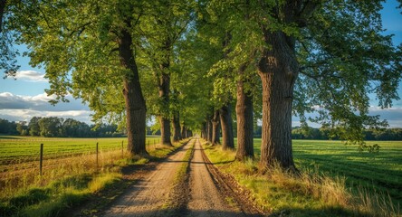 Calm rural dirt path lined with majestic tall trees in summer
