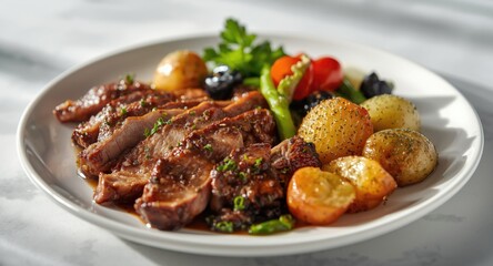 Gourmet plate with tender cooked meats, steamed vegetables, and a serving of herbed potatoes