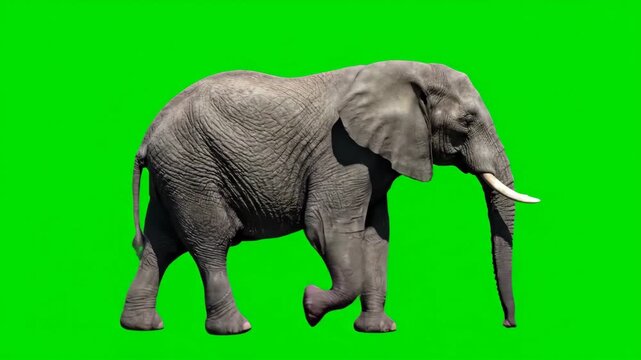 African Elephant with Tusks Walks Left on Green Screen Background