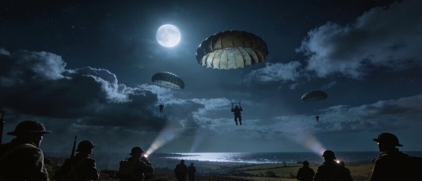 military parachutes descending through the night sky over normandy cinematic video