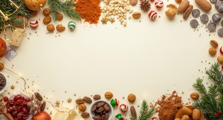 Naklejka premium Flat lay composition of holiday dish ingredients and cheerful ornamentation on a pale light background