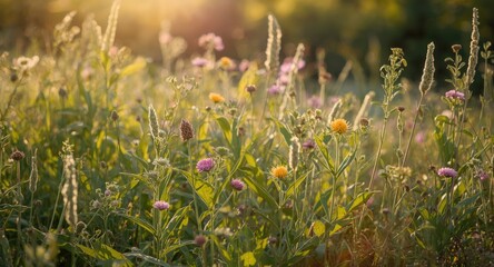 Obraz premium A vibrant field of diverse medicinal plants blooming under warm sunlight