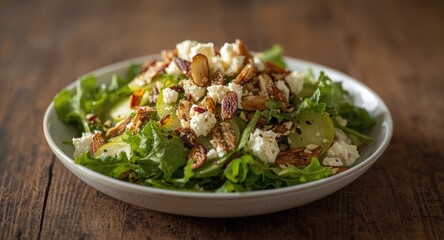 Bright lemon olive oil dressed salad with kohlrabi, sliced almonds, feta cheese, and fresh greens