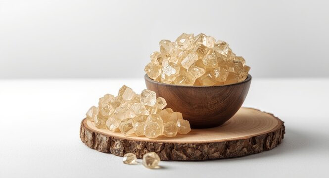 A bowl containing clear edible tragacanth crystals on a wooden board against a neutral white background
