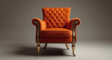 Fototapeta premium Front view isolated art deco style armchair in orange quilted fabric with shiny brass legs