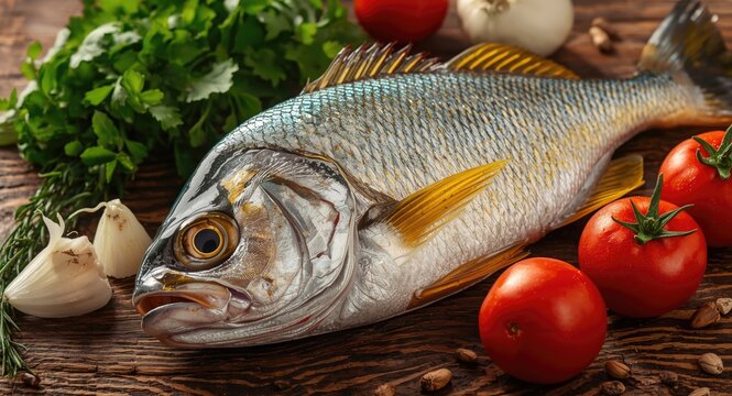 Close up view of dorada fish and fresh ingredients on rustic wooden background