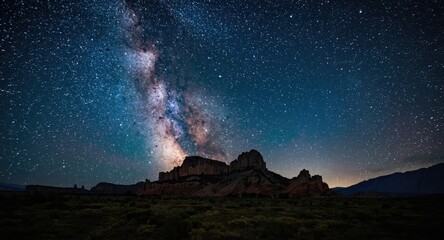 Fototapeta premium Enchanting night starscape with vivid Milky Way crossing rocky wilderness