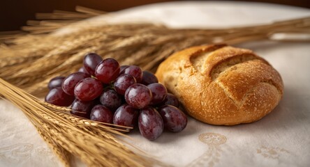 Obraz premium Communion feast components grapes bread and wheat displayed on table
