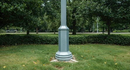 Fototapeta premium Electric pole metal base with copy space in urban park from front viewpoint
