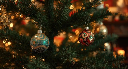 Naklejka premium Beautifully adorned Christmas tree close up featuring luminous ornaments in a holiday-themed cozy home interior