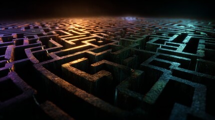 A vast, complex maze lit by cool and warm light, stretching into the distance. Shadows create depth and mystery