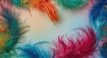 Obraz premium Dyed bird feathers in vivid colors arranged on a lively colorful backdrop featuring space for text