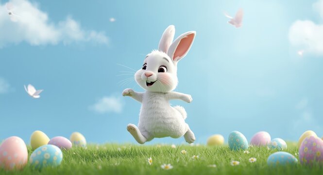 Animated white spring hare hopping happily across soft blue backdrop with Easter theme