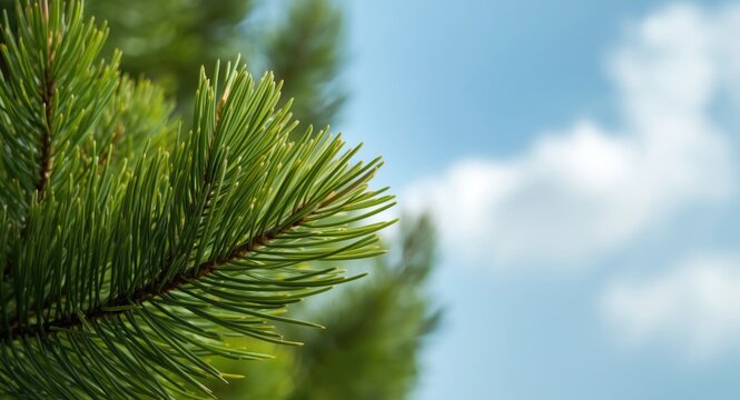 Araucaria heterophylla close up capturing fresh green pine leaves with a soft blue sky background