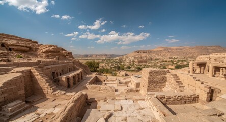Obraz premium Historical site with rock tombs and ancient cityscape in dry terrain