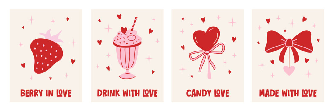 Valentine&rsquo;s Day card collection with cute romantic illustrations with strawberry, milkshake dessert, heart lollipop with ribbon, and decorative bow. Perfect for greeting cards, posters, invitations