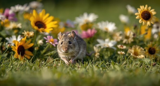 Delighted mouse scampering across a colorful flower patch surrounded by fresh green lawn in summer full length portrait