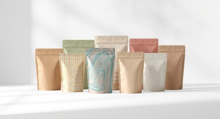 Front view kraft paper bag design mockups displayed as stand up pouches collection on white backdrop