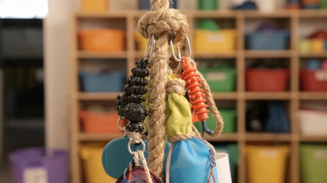 Closeup on a rope and textured toys hanging from hooks main object sharp with outoffocus shelves stocked with various enrichment materials in the background.