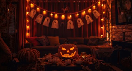 Obraz premium Halloween autumn living room setup with pumpkin ghost and spider banners and ambient lights