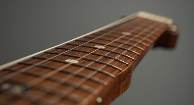 Focused close up shot revealing the detailed fretboard of a classic guitar