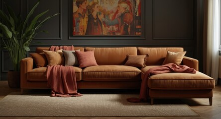 Fototapeta premium comfortable lounge space showcasing a generous sectional sofa and soft blankets