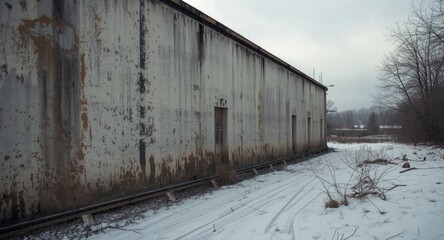 Obraz premium Grimy gray building exterior showing dirt marks with a frozen landscape setting