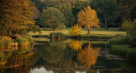 Obraz premium Gentle countryside pond with natural surroundings