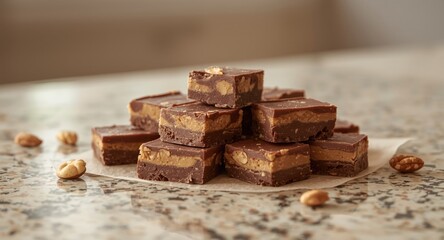 Chocolate peanut butter fudge segments placed on kitchen countertop for serving