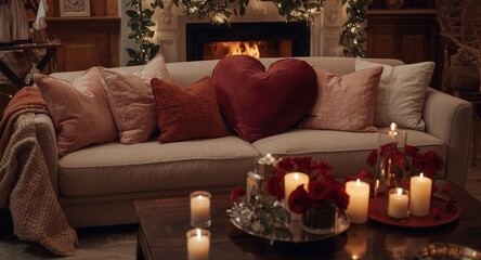 Fototapeta premium Casual living room setup for Valentine's Day including themed decor and cozy seating