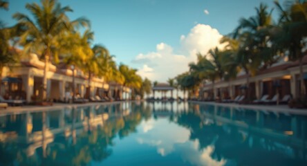 Fototapeta premium Elegant resort pool deck with warm glowing bokeh and lush summer palm background