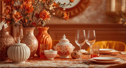Fototapeta premium Design mockup featuring an orange dining room interior with ornamental table decor