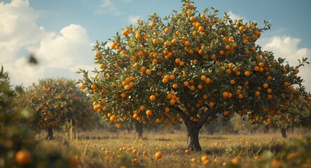 Fototapeta premium A flourishing orange tree bursting with ripe fruit on a warm summer day