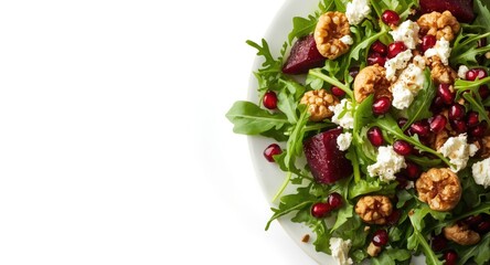 Naklejka premium Garden beet salad with arugula feta walnuts and pomegranate highlights