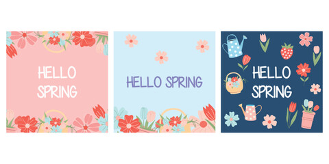Set of three floral spring banners with flowers and lettering Hello Spring. 