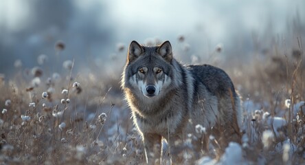 Obraz premium Gray wolf in a snow-tinged meadow observing wildlife nearby