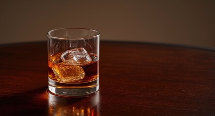Glass of scotch whiskey served with ice cubes on a wooden table