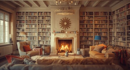 Fototapeta premium Cozy Scandinavian farmhouse living room featuring a warm fireplace and extensive book library illustration