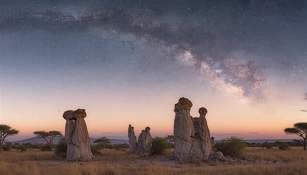 Astrophotography time lapse footage with zoom in motion of starry sky over tufa formations at dawn in African savanna, Tanzania.
