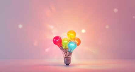 Obraz premium Brightly lit bulbs in different colors on calm pastel backgrounds expressing inventive planning