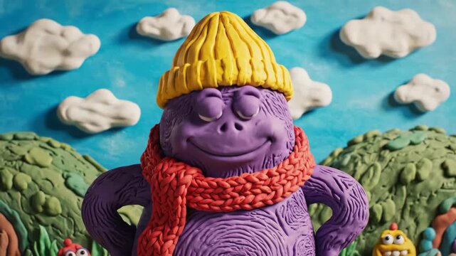 Cheerful purple monster waves enthusiastically in playful claymation scene with vibrant background