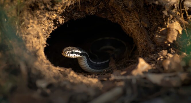 Juvenile snake appearing from a warm burrow opening